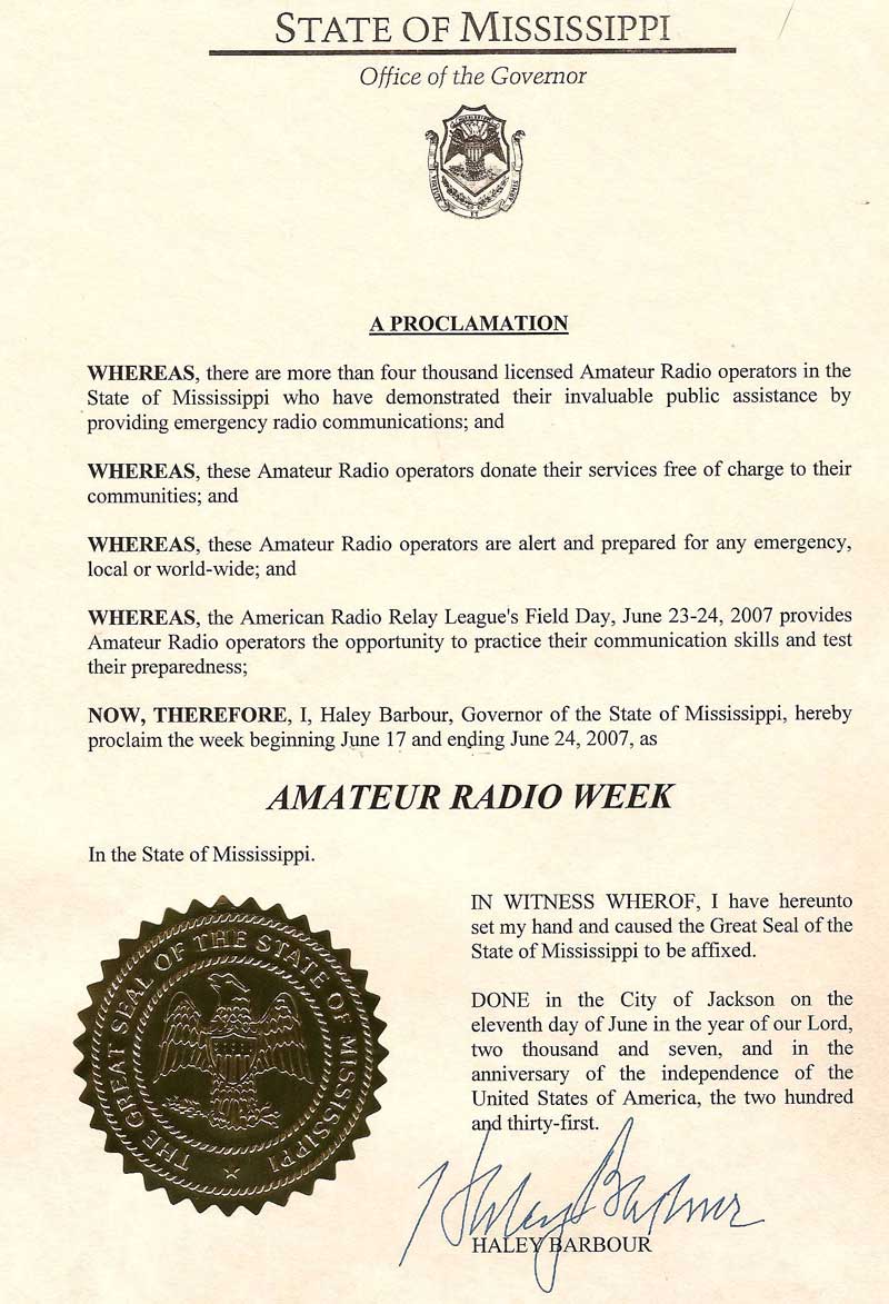 Field Day 2007 Proclamation by Govenor Haley Barbour